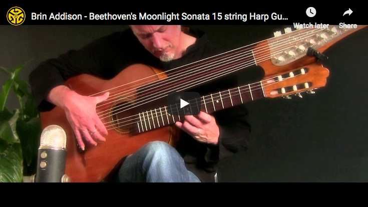 The guitarist Brin Addison is playing Beethoven's Moonlight Sonata 1st movement on a 15 strings Harp Guitar