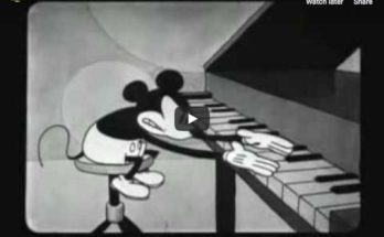 Misckey is trying to play Rachmaninov and Liszt in a 1929 cartoon, the first one with Mickey's gloves.