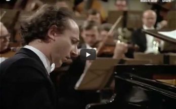 The Italian pianist Maurizio Pollini is playing Mozart's concerto No. 23 in A Major. The Wiener Philharmoniker is conducted by Karl Böhm.