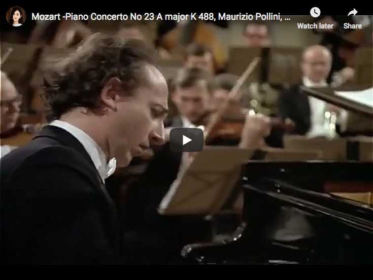 The Italian pianist Maurizio Pollini is playing Mozart's concerto No. 23 in A Major. The Wiener Philharmoniker is conducted by Karl Böhm.