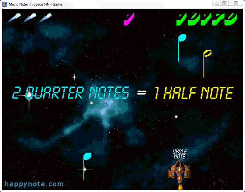 Music Notes in Space is a true free video game to learn note values (whole note, half note, quarter note…) the fun way.