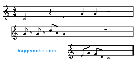 A staff with music notes and music rests of different values.