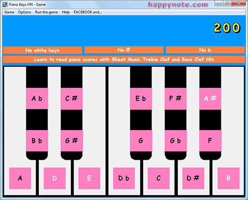 Learn the black keys (sharps and flats music notes) and white keys of a piano keyboard with a game.