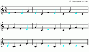 Music reading "4a" in G (treble) clef with C (do), G (sol), E (mi) and D (re). The new music note to learn, the D (re), is in color.