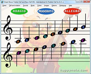 Main menu for the game Sheet Music Treble Clef and Bass Clef HN to read music notes using A B C notation