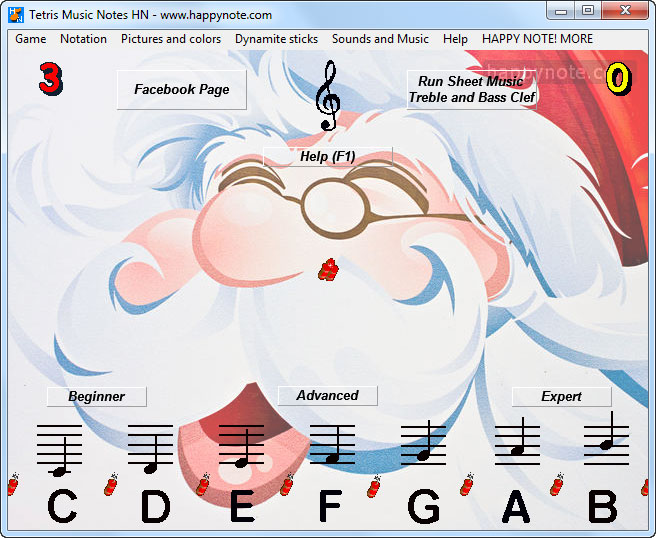 The game Tetris Music Notes has been customized with a picture of Santa Claus.