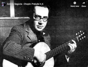 Andres Segovia plays on guitar a transcription of Chopin's Prelude No. 7 in A major, originally composed for piano