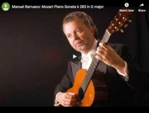 The guitarist Manuel Barrueco is playing Mozart's piano sonata No. 5 in G major on guitar