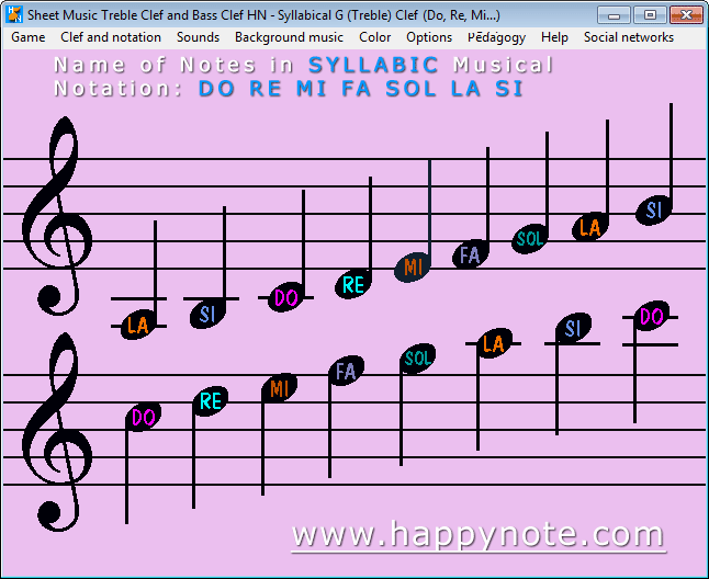 G Clef (Treble Clef): 17 music notes in syllabic notation: DO RE MI FA SOL LA SI