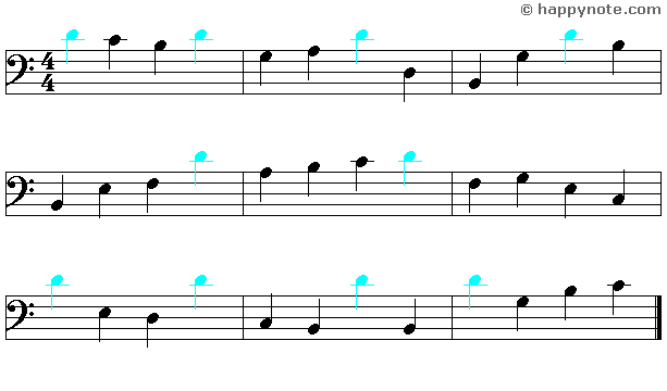 Musical reading 10a in Bass Clef with the music notes B C D E F G A B C D, the D is in color.