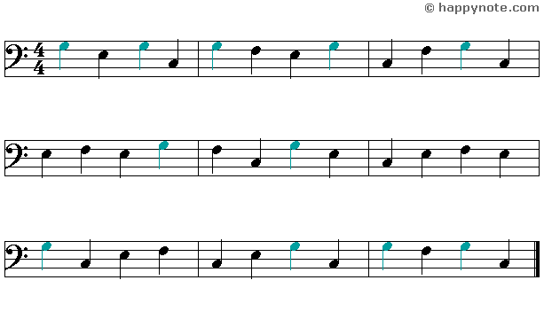 Musical reading 4a in Bass Clef with the music notes C E F G, the G is in color.