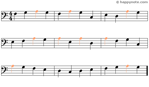 Musical reading 6a in Bass Clef with the music notes Do Re Mi Fa Sol La, the La is in color.