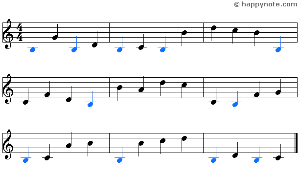 Sheet Music 10a in Treble Clef with Si Do Re Mi Fa Sol La Si Do Re notes, Si is in color