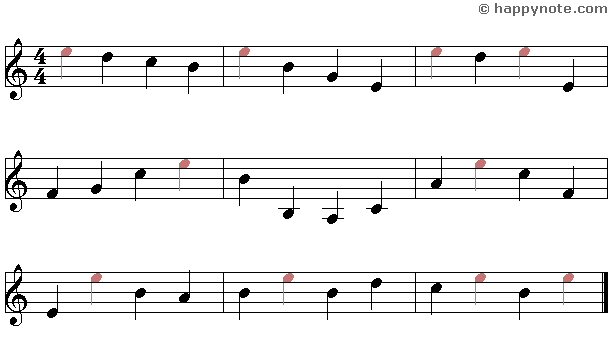Sheet Music 12a in Treble Clef with A B C D E F G A B C D E notes, E is in color