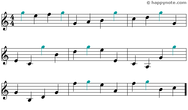 Sheet Music 14a in Treble Clef with A B C D E F G A B C D E F G notes, G is in color