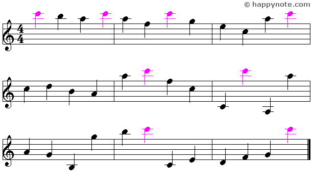Sheet Music 17a in Treble Clef with A B C D E F G A B C D E F G A B C notes, C is in color
