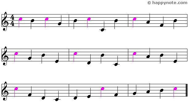 Sheet Music 8a in Treble Clef with C D E F G A B C notes, C is in color