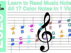 17 color notes using A B C D E F G notation in treble clef (G clef) to learn to read music notes on YouTube