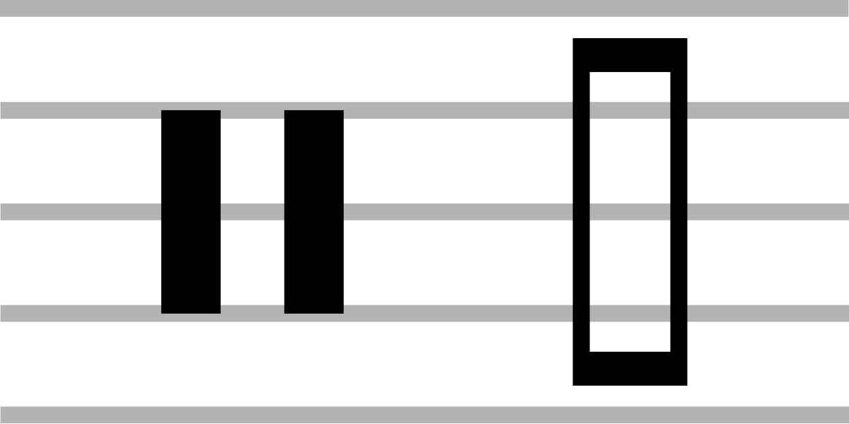Two neutral clefs without a staff: one with two solid vertical rectangles, the other with a larger hollow rectangle