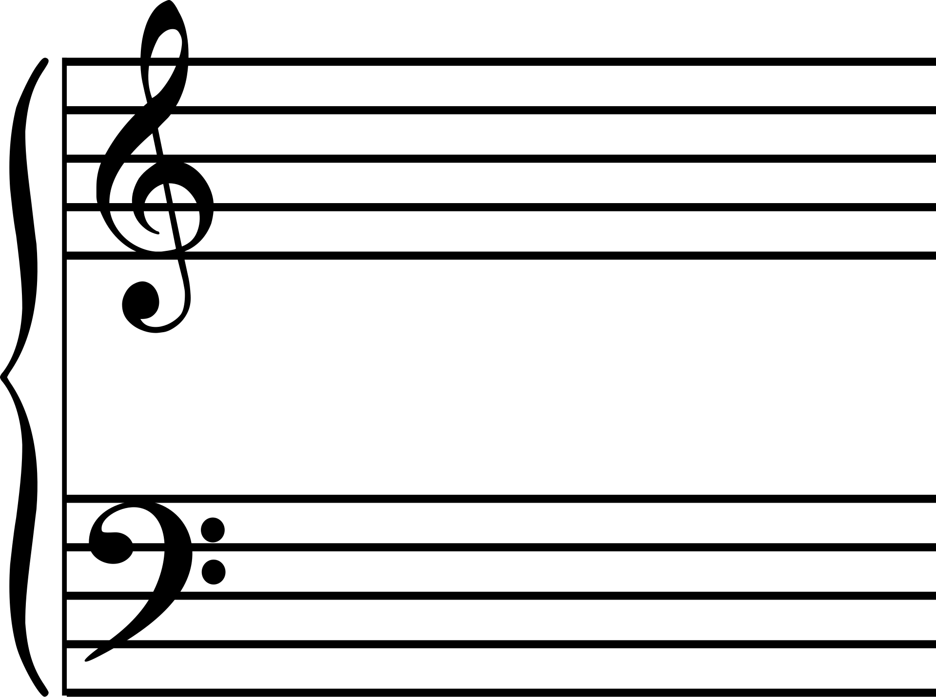 An empty grand staff with the treble and bass clefs connected by a brace.