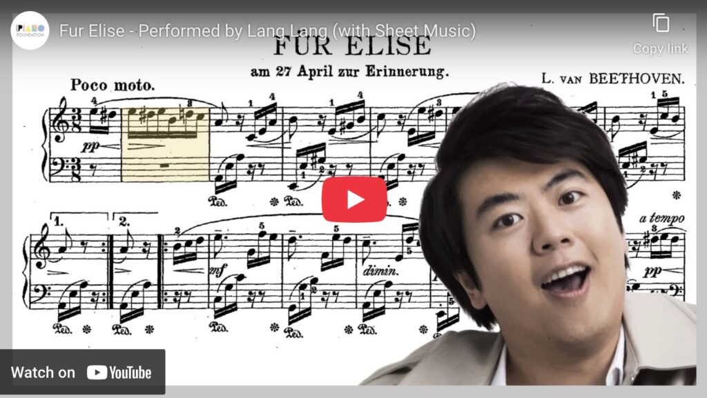 Für Elise by Lang Lang youtube thumbnail with Beethoven piano sheet music