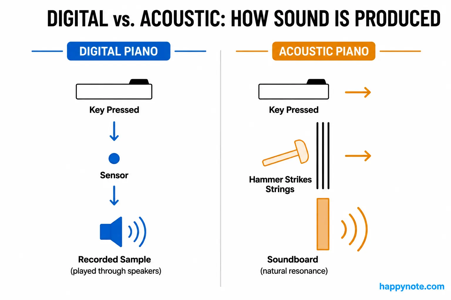Digital vs. acoustic piano sound production diagram