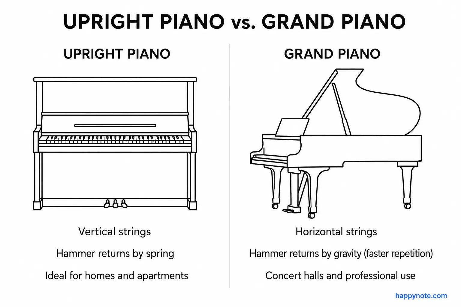 Diagram: upright piano vs grand piano — silhouette comparison