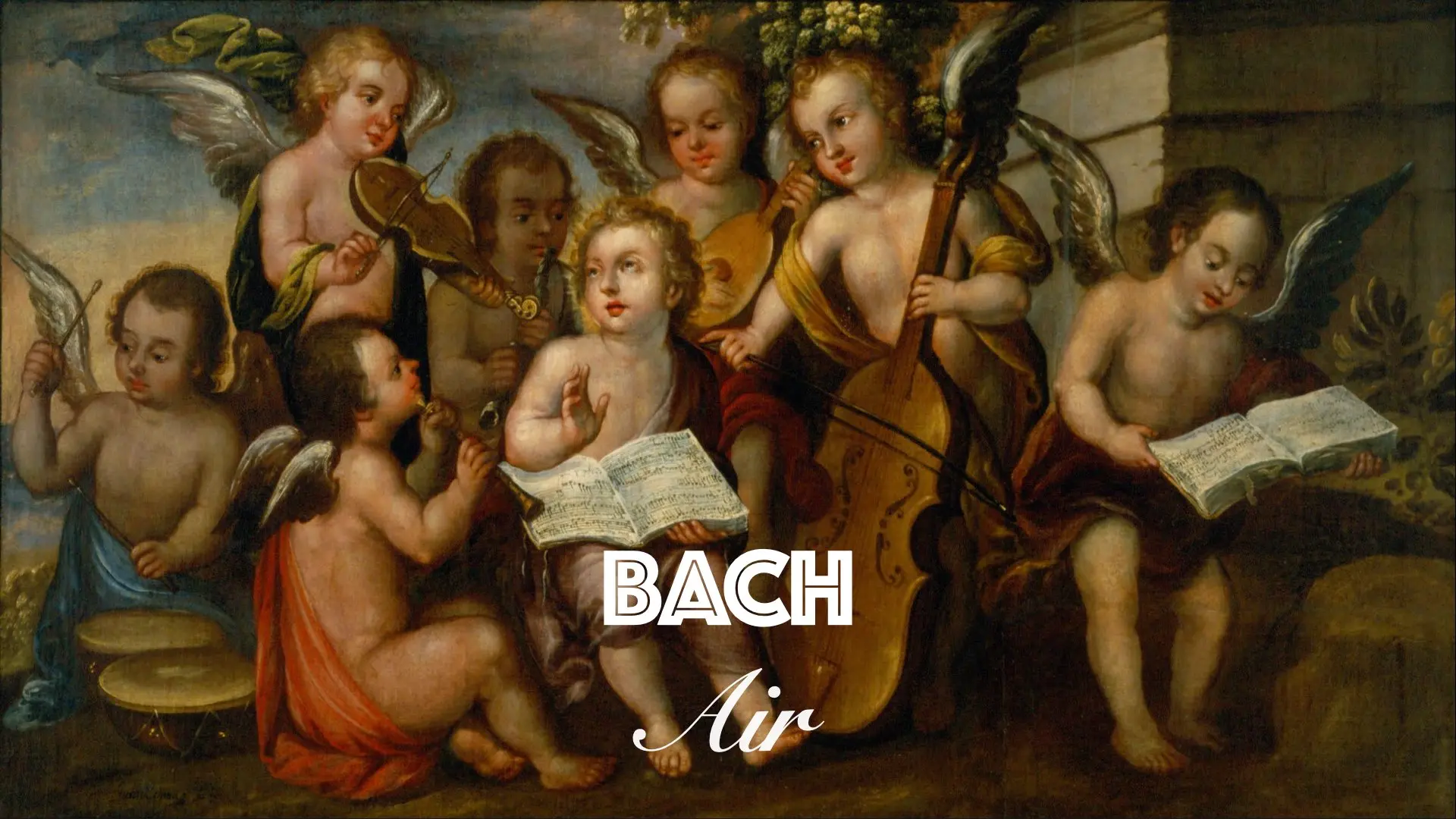 Text “BACH — Air on the G String” on a background featuring a painting of musical cherubs.