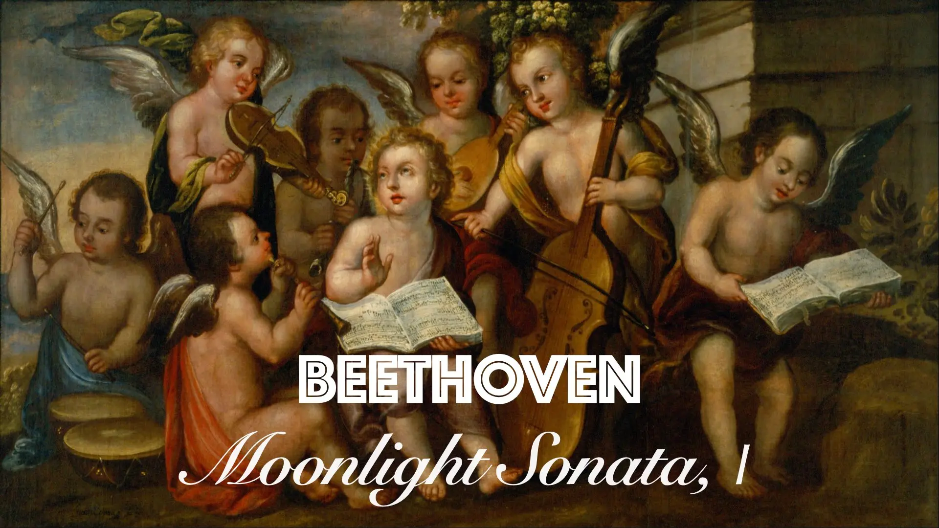 Text “BEETHOVEN — Moonlight Sonata” on a background featuring a painting of musical cherubs.