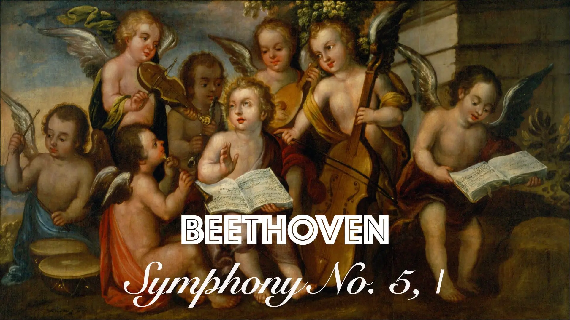 Text “BEETHOVEN — Symphony No. 5” on a background featuring a painting of musical cherubs.