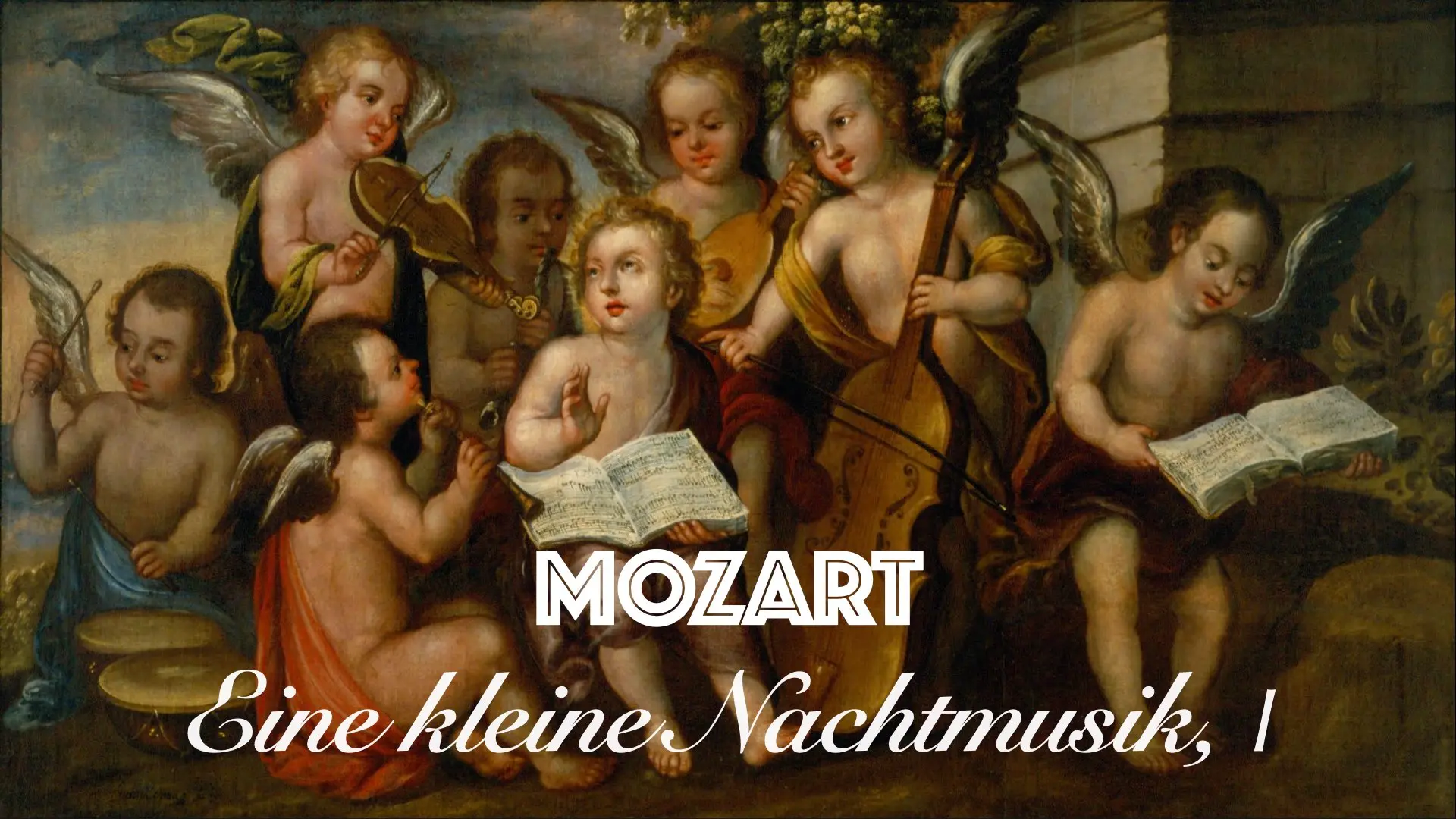 Text “MOZART — Eine kleine Nachtmusik” on a background featuring a painting of musical cherubs.