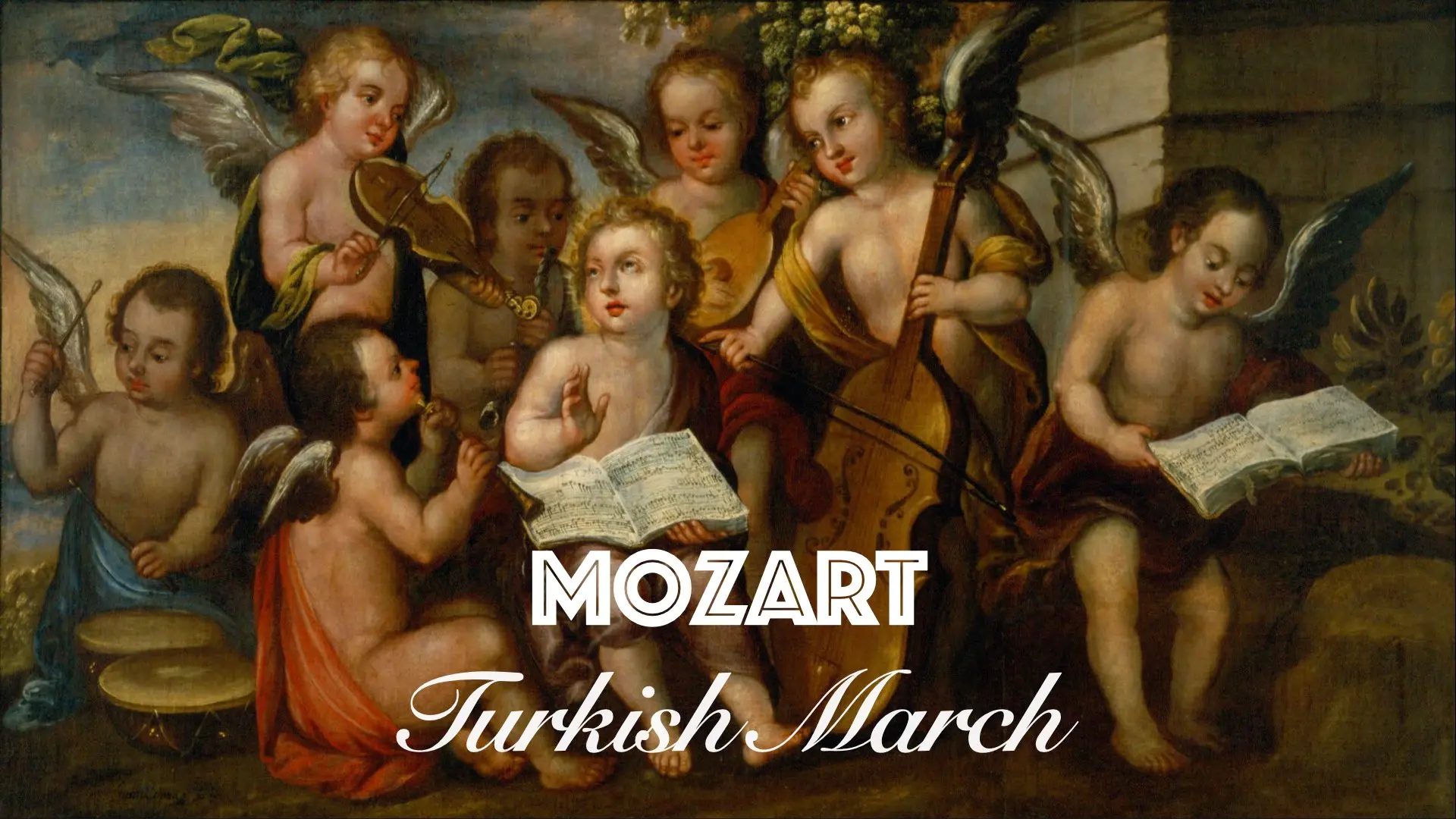 Text “MOZART — Turkish March” on a background featuring a painting of musical cherubs.