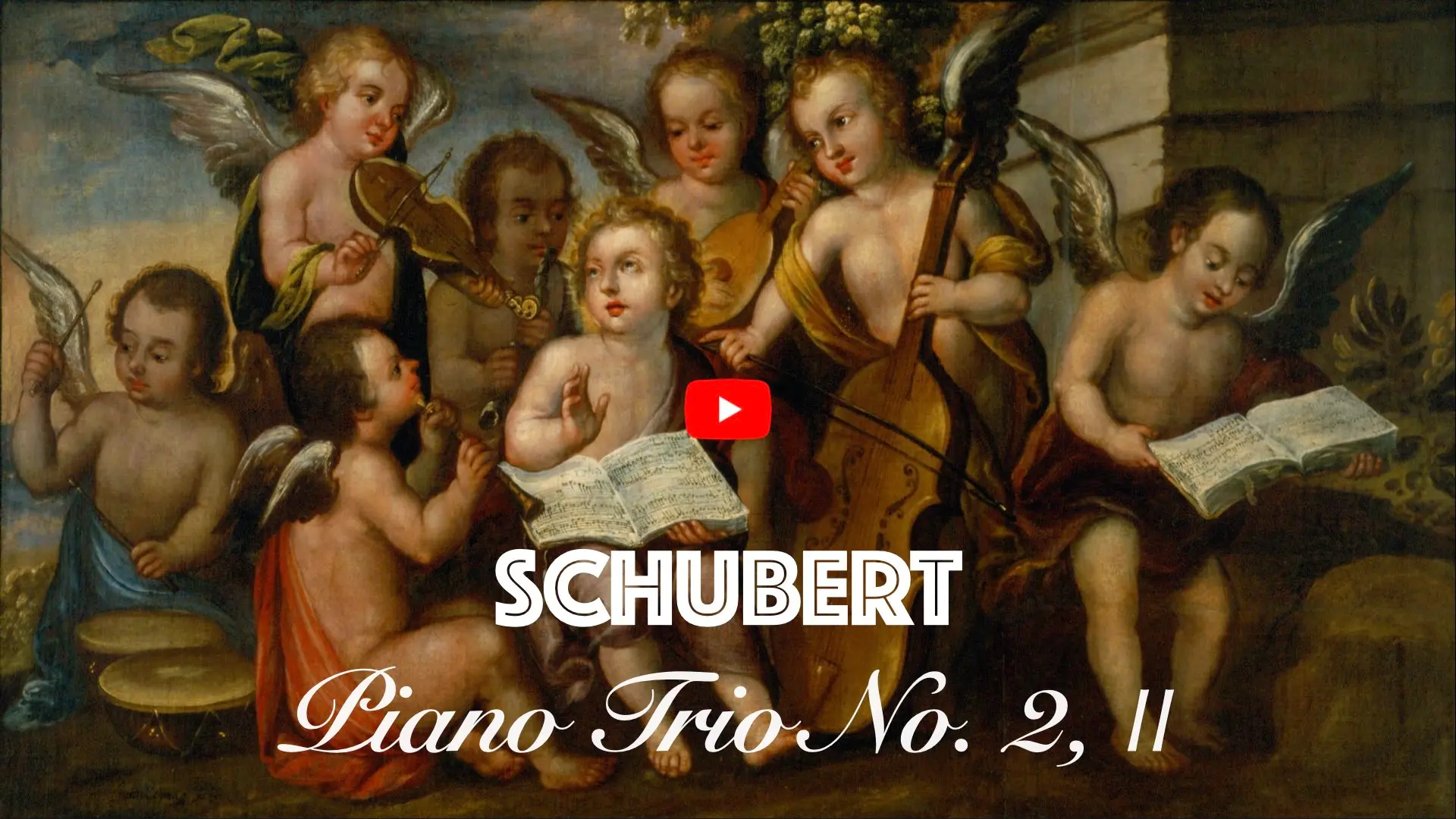 Text “SCHUBERT — Piano Trio No. 2” on a background featuring a painting of musical cherubs.