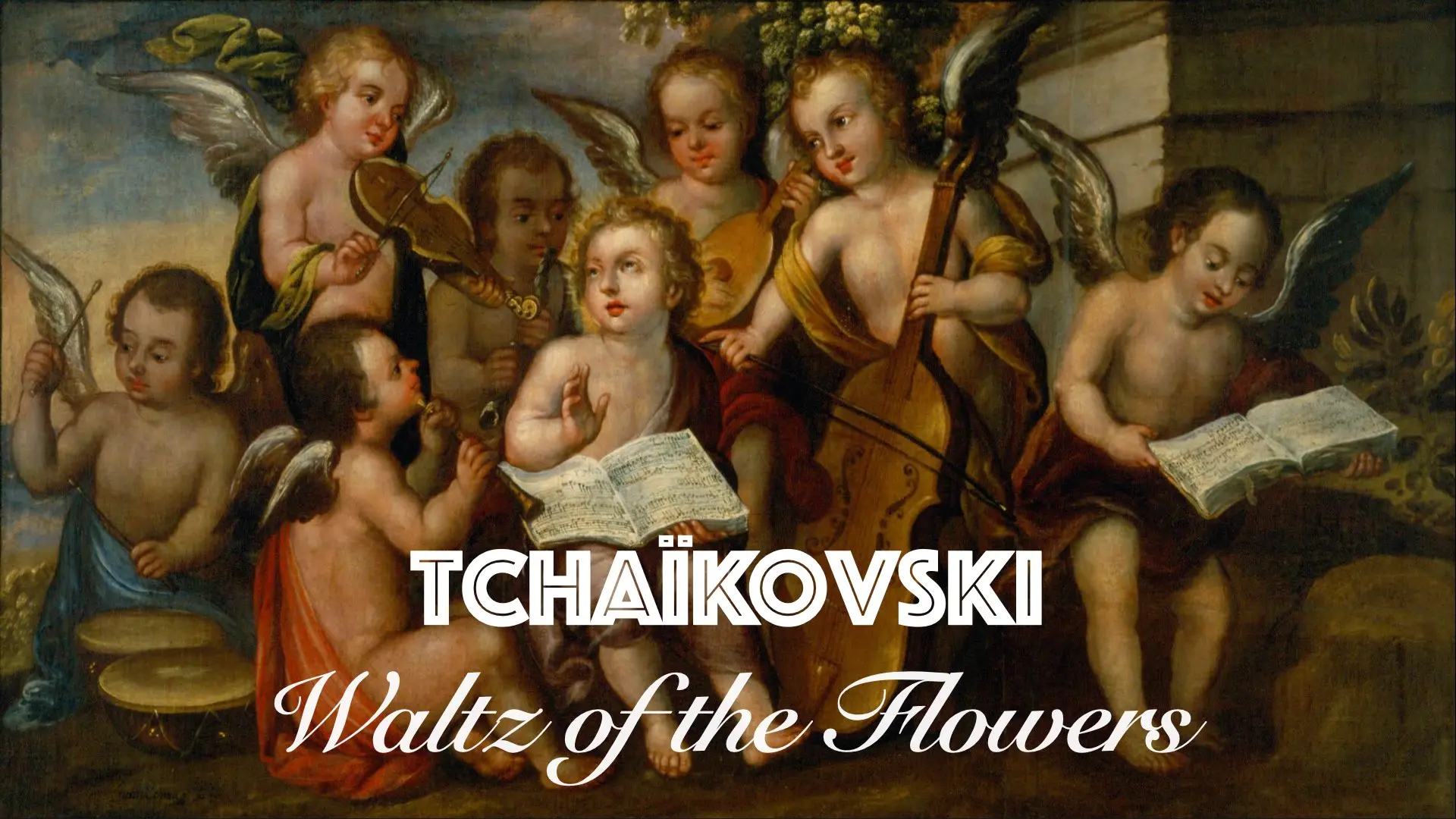 Text “SMETANA  — Vltava (The Moldau)” on a background featuring a painting of musical cherubs.