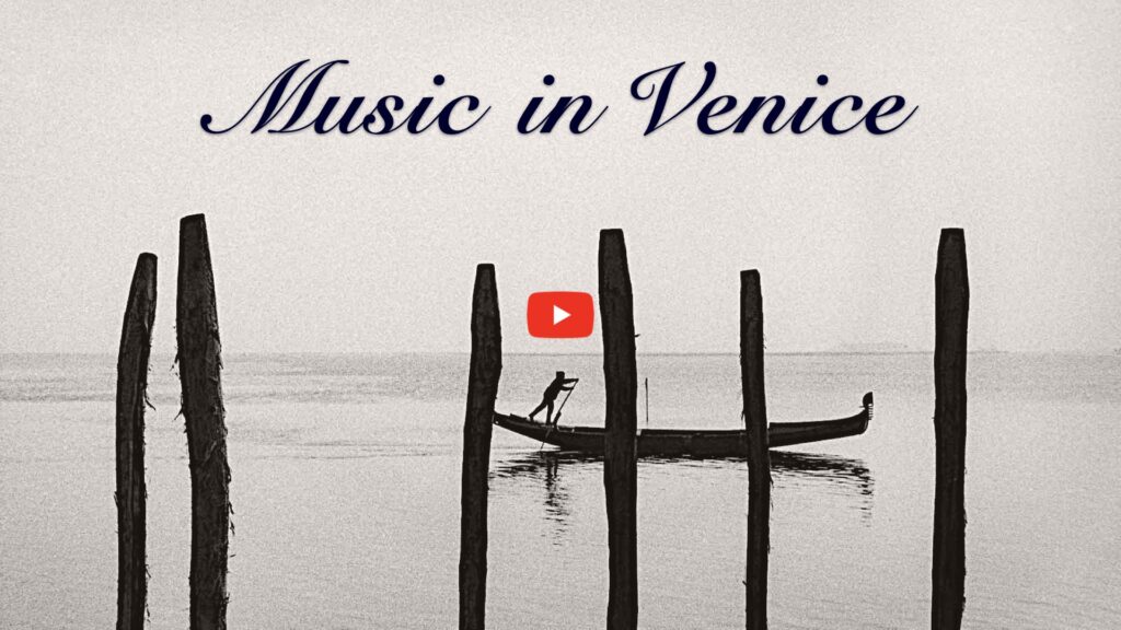 Text “Music in Venice” on a background featuring a gondola gliding on Burano Lagoon.