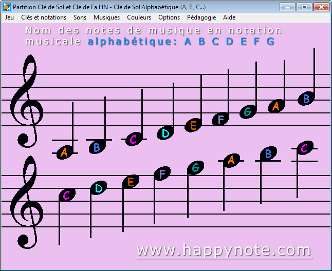 Dix sept notes de musique en clé de sol en notation alphabétique (A B C D E F G)