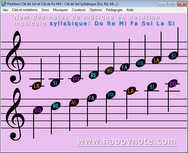 Dix sept notes de musique en clé de sol en notation syllabique (Do Re Mi Fa Sol La Si)