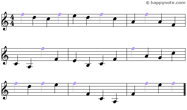 Lecture musicale 13a en Clé de Sol avec les notes A B C D E F G A B C D E F, le F est en couleur.