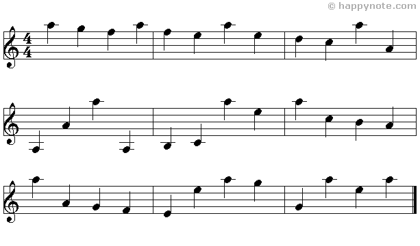 Lecture musicale 15b en Clé de Sol avec les notes A B C D E F G A B C D E F G A, le A est en noir.