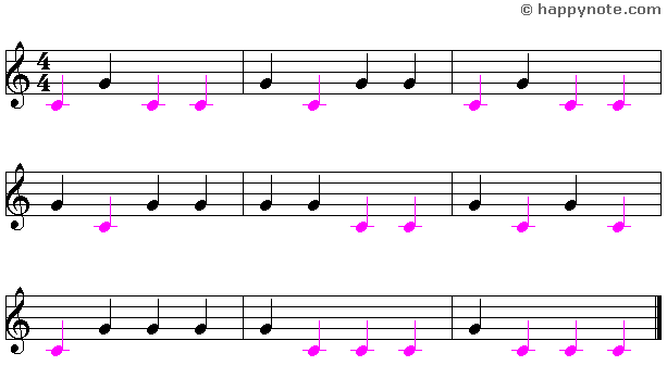 Lecture musicale 2a en Clé de Sol avec les notes Do Sol, le Do est en couleur.