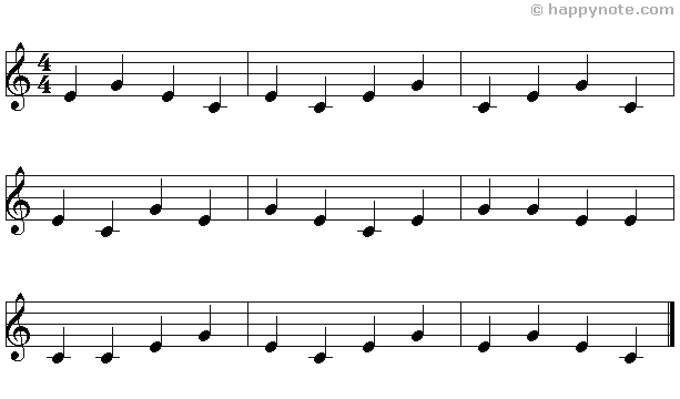 Lecture musicale 3b en Clé de Sol avec les notes C E G, le E est en noir.