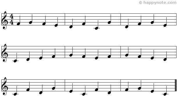 Lecture musicale 5b en Clé de Sol avec les notes C D E F G, le F est en noir.