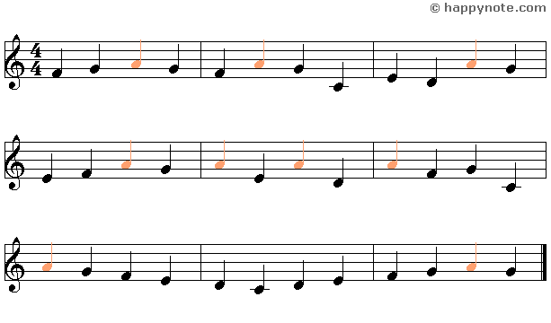 Lecture musicale 6a en Clé de Sol avec les notes C D E F G A, le A est en couleur.