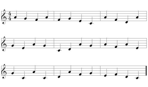 Lecture musicale 6b en Clé de Sol avec les notes C D E F G A, le A est en noir.