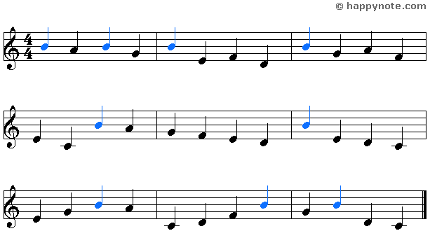 Lecture musicale 7a en Clé de Sol avec les notes C D E F G A B, le B est en couleur.