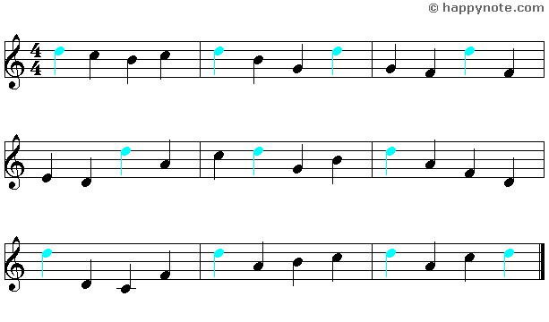 Lecture musicale 9a en Clé de Sol avec les notes C D E F G A B C D, le D est en couleur.