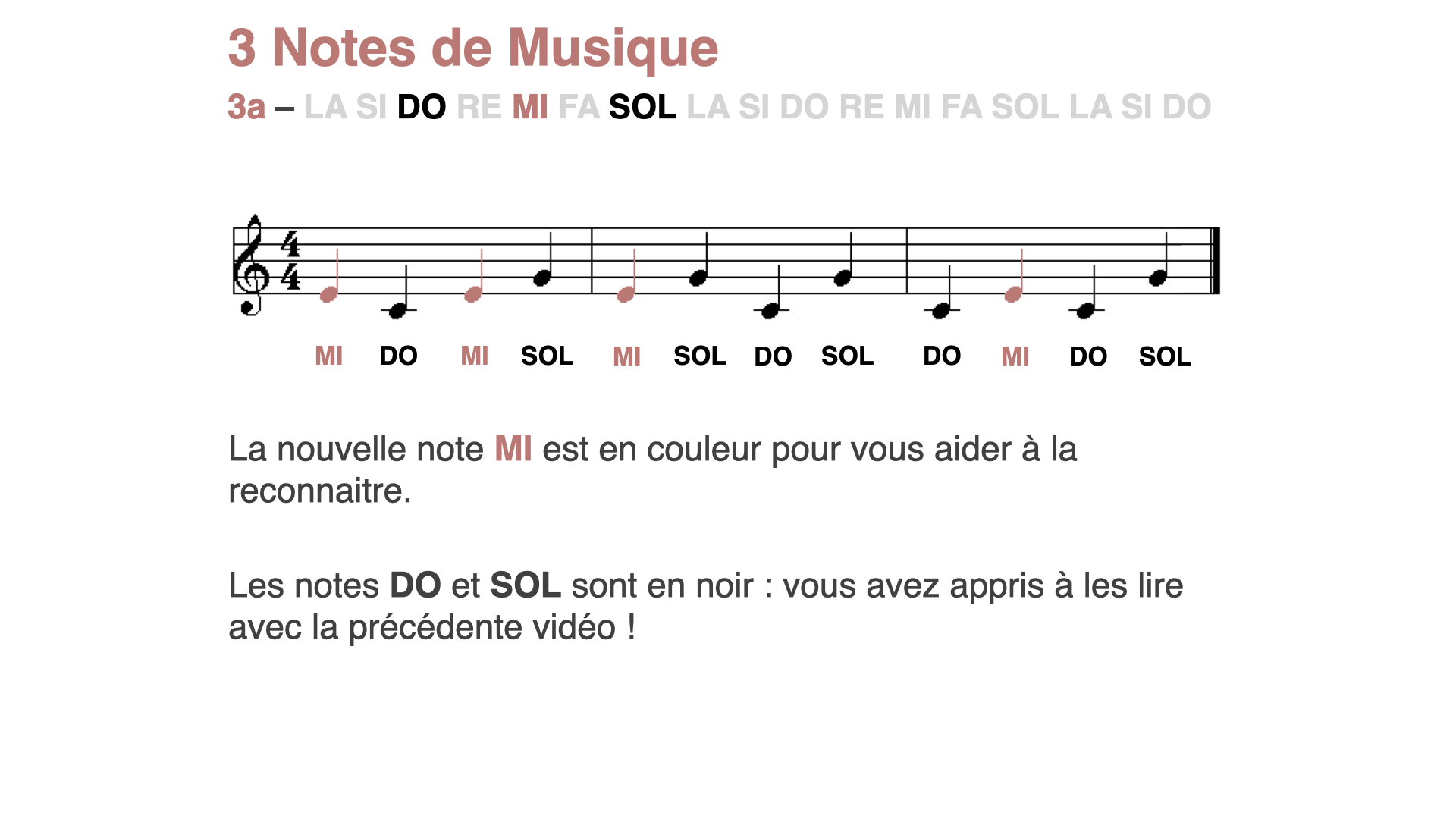 Lecture musicale 3 notes (DO MI SOL), nouvelle note en couleur : MI