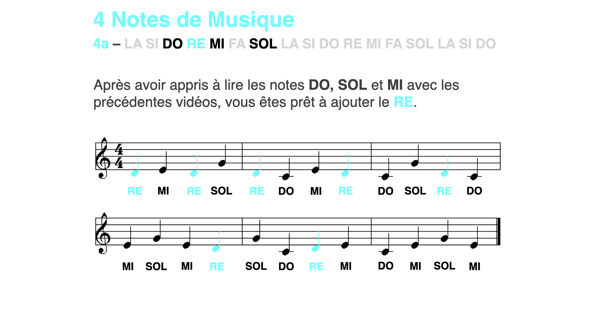 Lecture musicale 4 notes (DO RE MI SOL), nouvelle note en couleur : RE