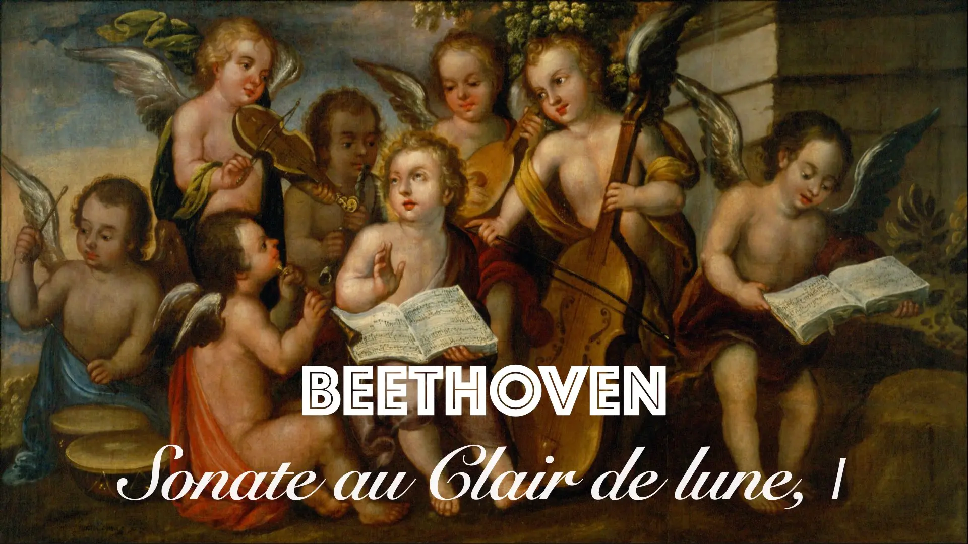 Texte « BEETHOVEN — Sonate au Clair de lune » sur fond de peinture représentant des angelots musiciens.