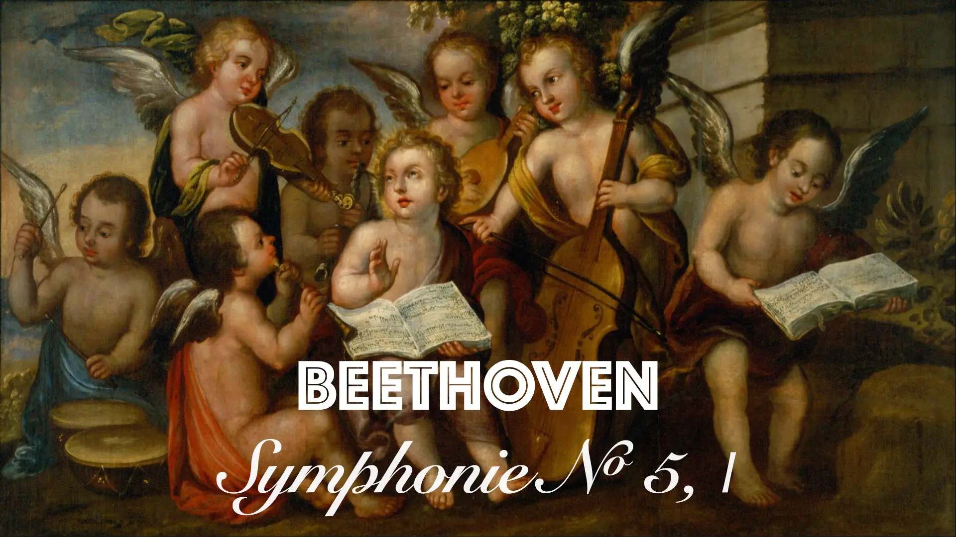 Texte « BEETHOVEN — Symphonie N<sup>o</sup> 5 » sur fond de peinture représentant des angelots musiciens.